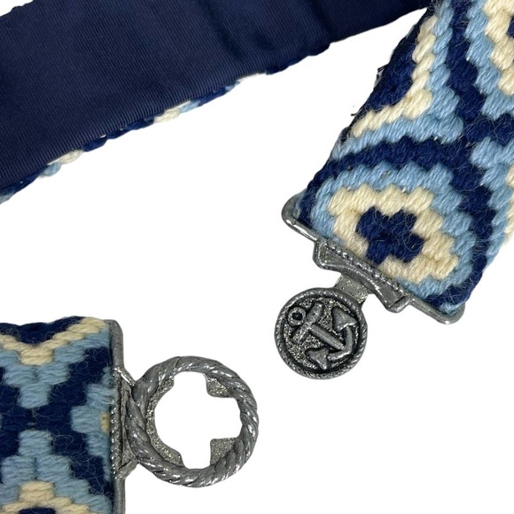 Boho Preppy Blue Embroidered Woven Waist Belt One Size Anchor Buckle Nautical - Picture 4 of 5